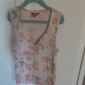 GUESS Cream Floral Ribbed V-Neck Tank with Pink and Yellow Blooms